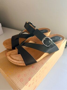Black Wedge Sandals with Buckle Strap - Women